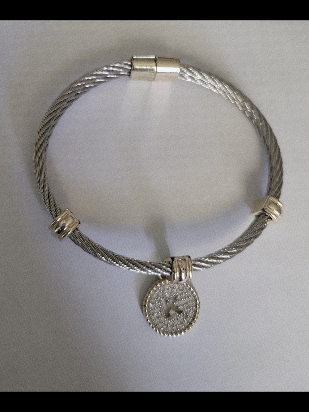 Silver Cable Initial K Charm Bracelet